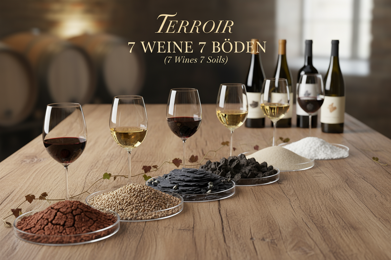 entwickel ein werbliches bild für das thema Tasting von weinen mit dem thema terroir 7 Weine 7 Böden