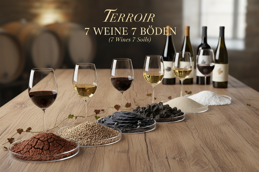 entwickel ein werbliches bild für das thema Tasting von weinen mit dem thema terroir 7 Weine 7 Böden
